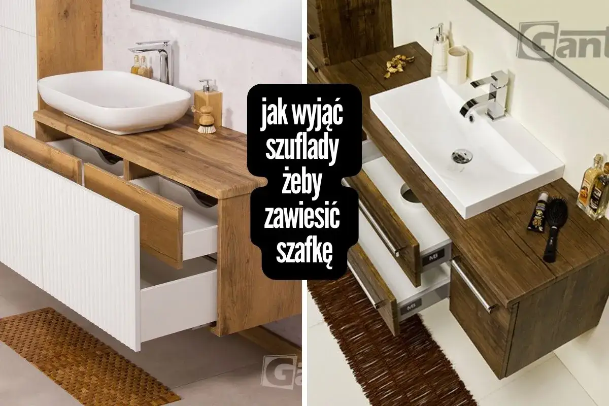 Instrukcja montażu: jak wyjąć szuflady, żeby zawiesić szafkę pod umywalkę. Dwie łazienki z drewnianymi meblami.