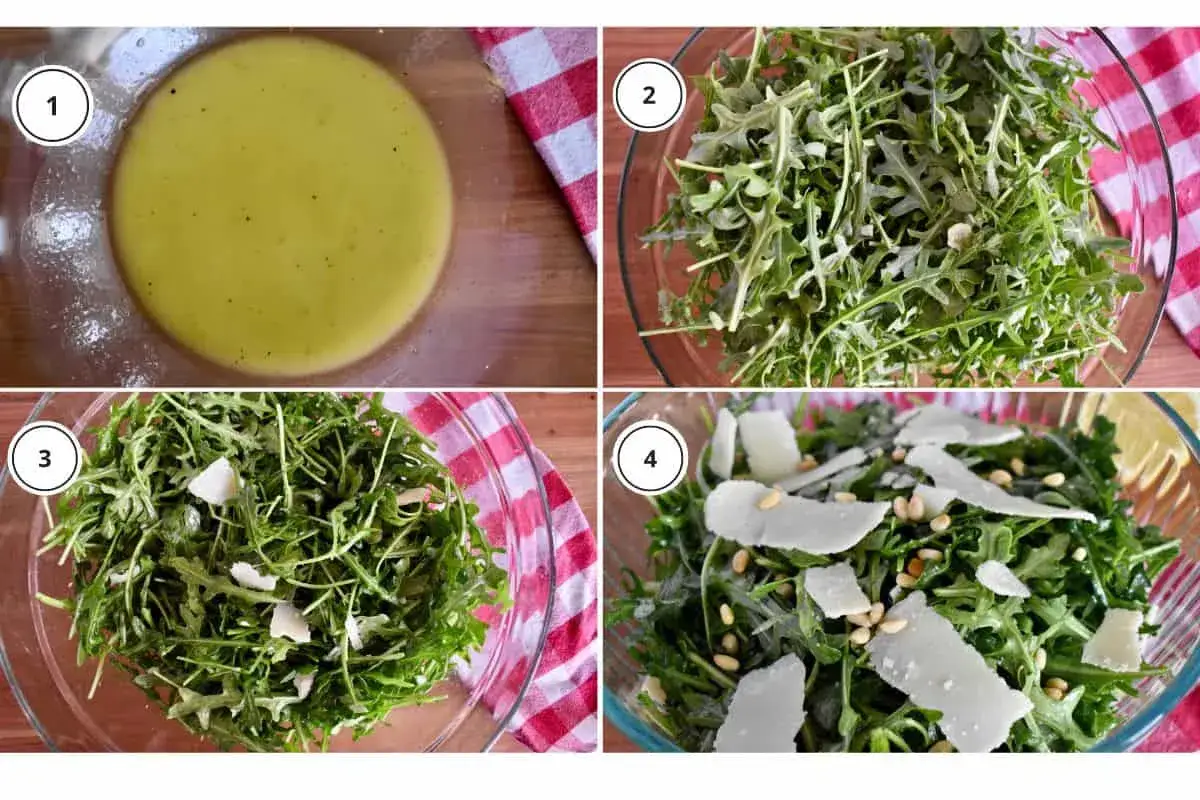 Vier Schritte zur Zubereitung eines k&ouml;stlichen Rucola Salats mit Parmesan und Pinienkernen.