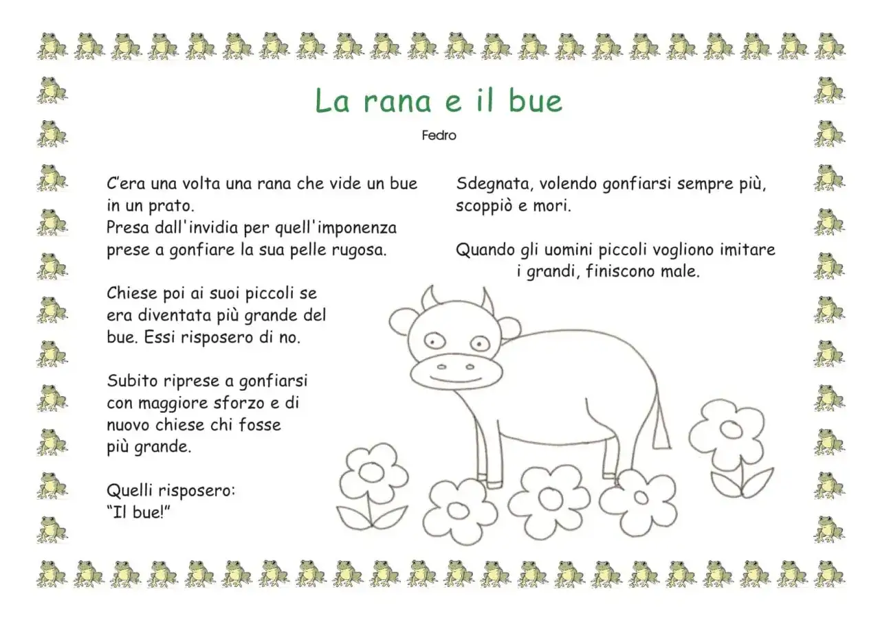 La rana e il bue, una favola per bambini che insegna con racconti brevi facili a non voler imitare chi &egrave; pi&ugrave; grande.