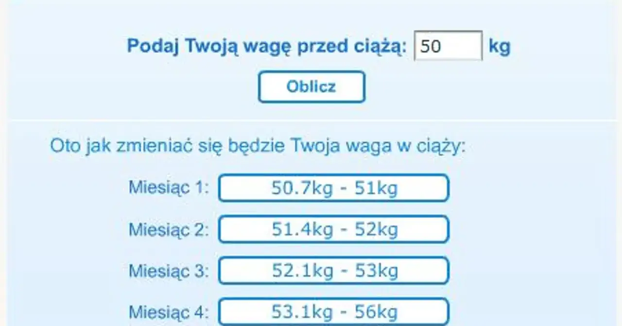 Kalkulator wagi w ciąży. Po wpisaniu wagi przed ciążą (50 kg) pokazuje przewidywany przyrost wagi w kolejnych miesiącach.