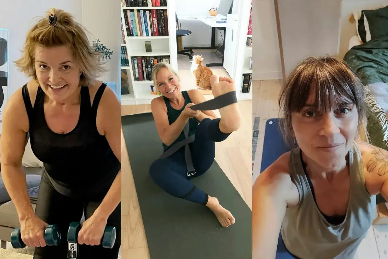 Tre kvinnor tr&auml;nar hemma. En lyfter vikter, en annan g&ouml;r yoga med ett band och den tredje poserar n&auml;ra en s&auml;ng. De verkar alla hitta tillbaka efter paus.