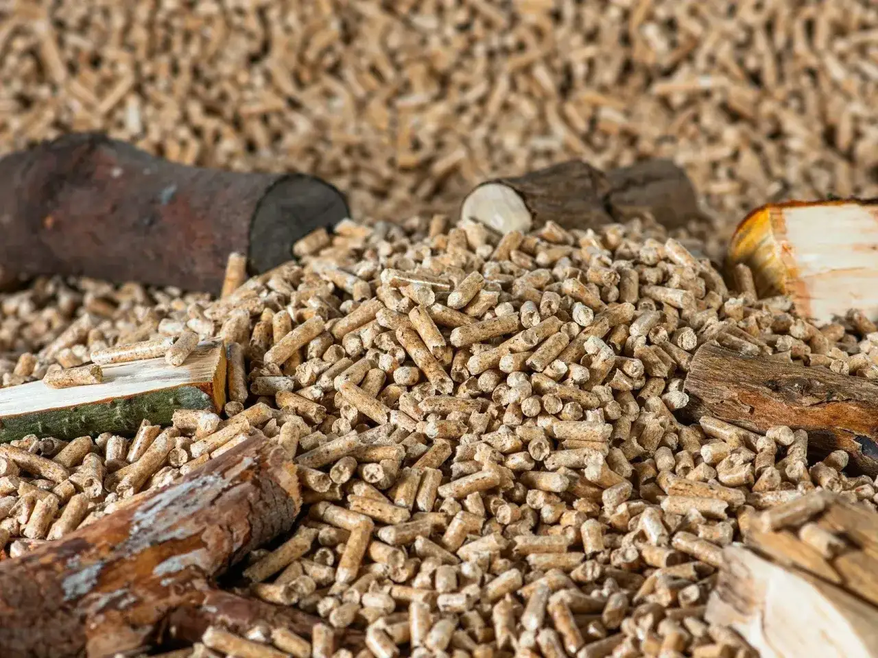 Zbliżenie na pellet drzewny, z fragmentami drewna. Prognozy dotyczące cena pelletu 2026 wskazują na stabilność.