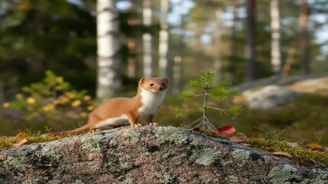 En liten vessla, ett nyfiket djur, tittar fram fr&aring;n en mossbelupen sten i en skog.