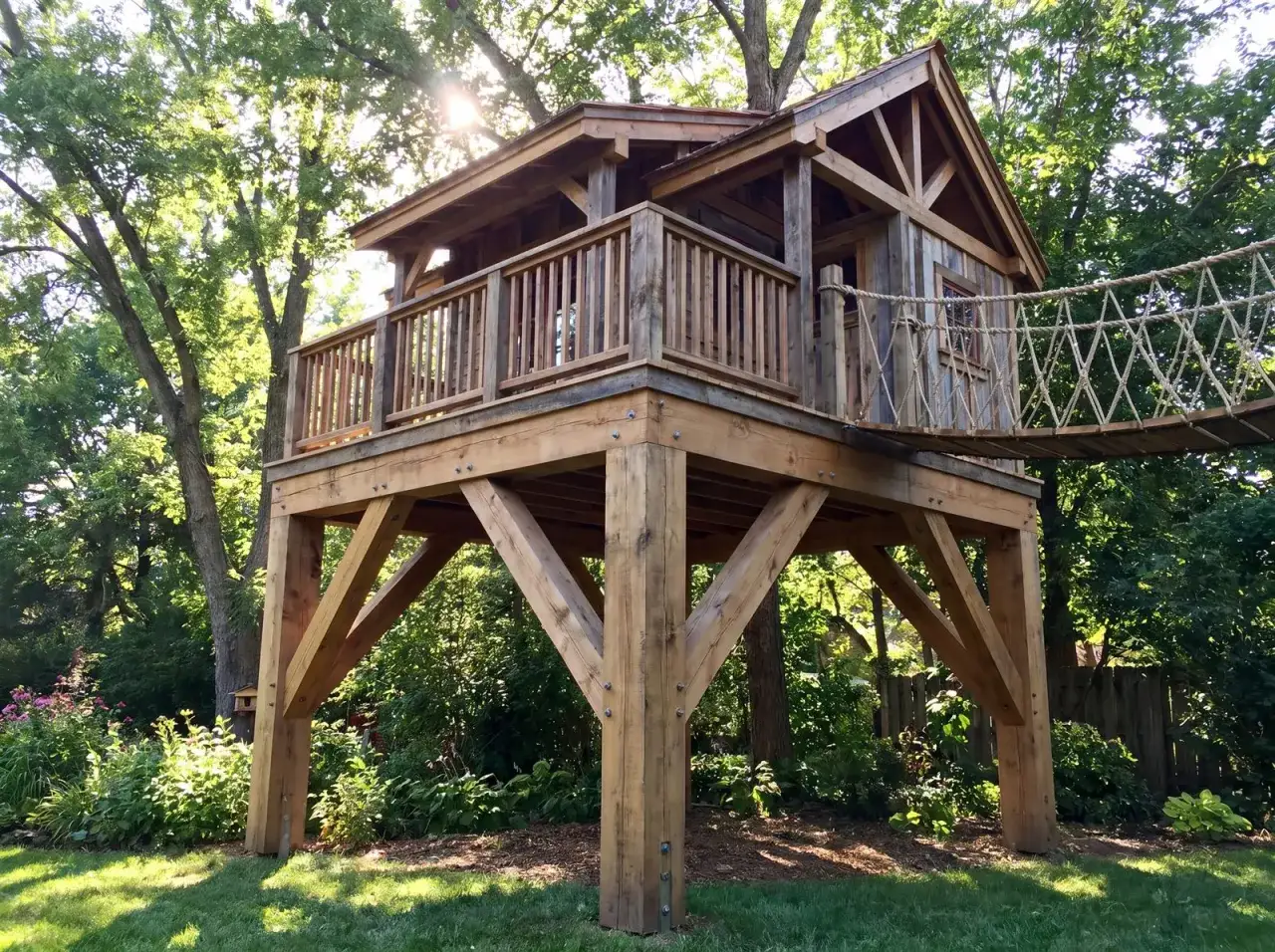 Ein rustikales Baumhaus, das man selber bauen kann, mit Seilbr&uuml;cke und Holzveranda, umgeben von B&auml;umen und Sonnenschein.