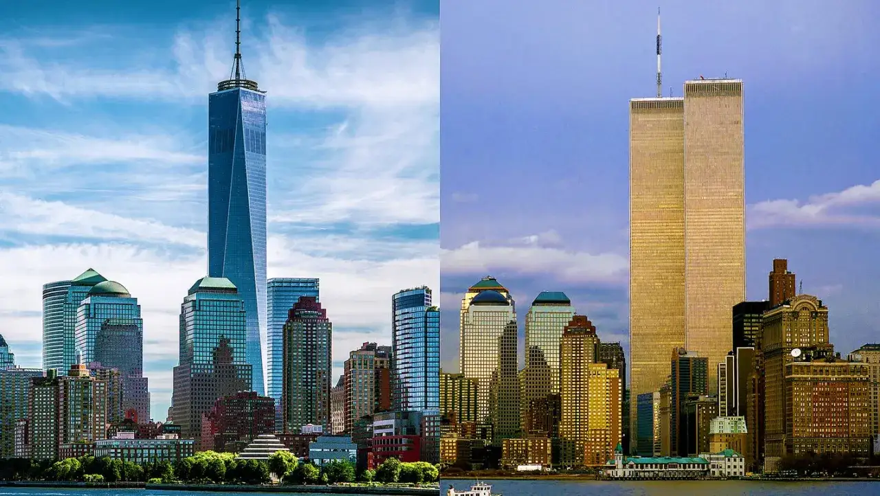 Porównanie panoramy Manhattanu: po lewej nowoczesny One World Trade Center, po prawej historyczne wieże World Trade Center.
