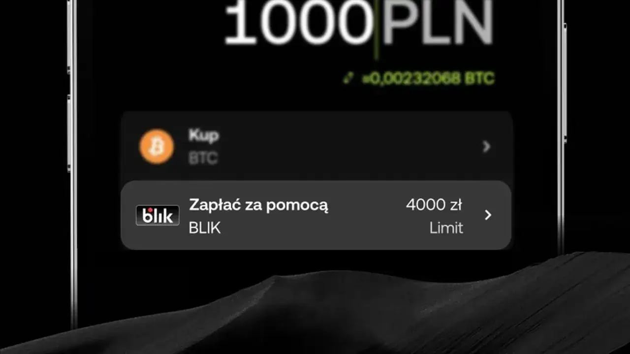 Aplikacja do inwestowania na polskiej giełdzie kryptowalut. Widoczny zakup BTC za 1000 PLN i opcja płatności BLIK.