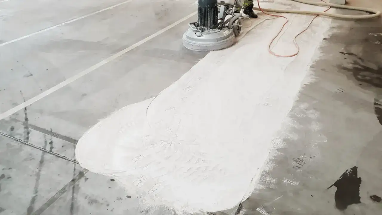 Maszyna szlifuje betonową posadzkę, przygotowując ją do wylewki w garażu. Powstaje biały pył.