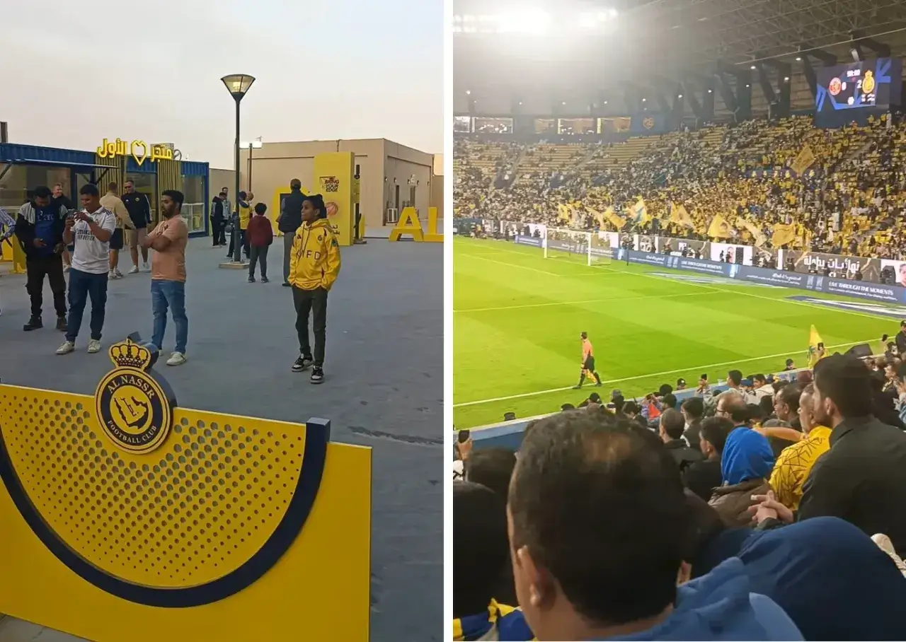 Fani Al Nassr kibicują swojej drużynie na stadionie. Po lewej widać logo klubu i ludzi przed meczem.