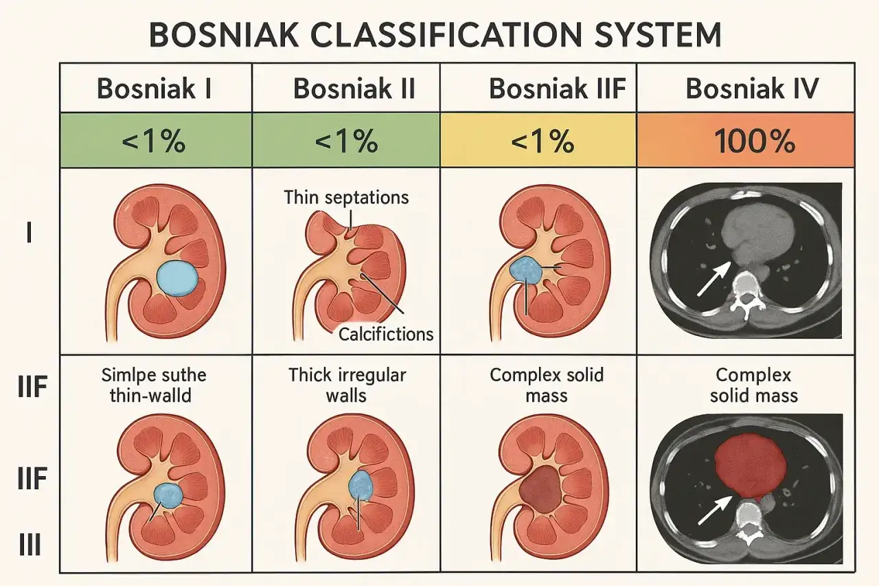 Klasyfikacja Bosniak: od prostej torbieli na nerce (I) do złożonej masy (IV). Obraz przedstawia różne typy zmian w nerce.