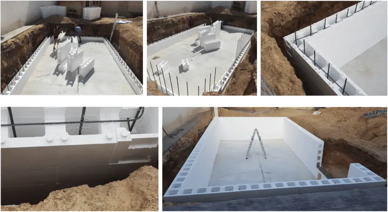 Avances en la construccion piscina. Se aprecian bloques de poliestireno expandido y varillas de refuerzo en la excavaci&oacute;n.