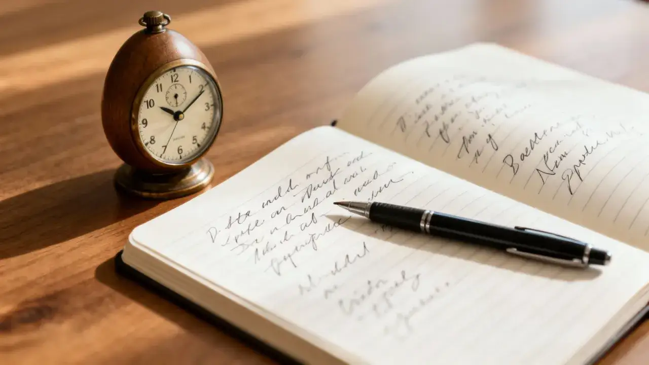 Reloj de mesa y cuaderno abierto con bol&iacute;grafo, listo para ejercicios de escritura para adultos.