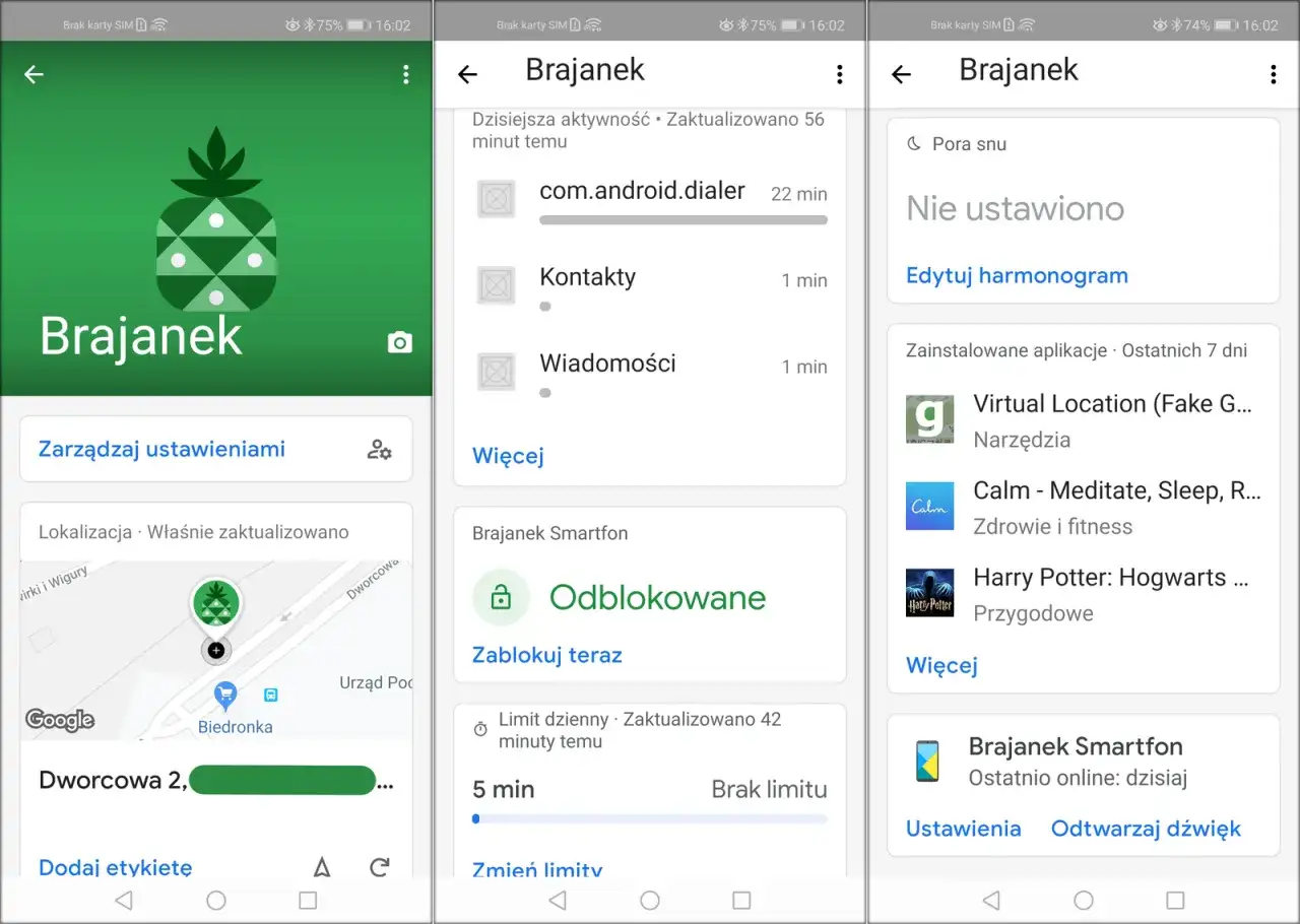 Kontrola rodzicielska Android: aplikacja Brajanek pokazuje aktywność telefonu, lokalizację i ustawienia limitów czasowych.