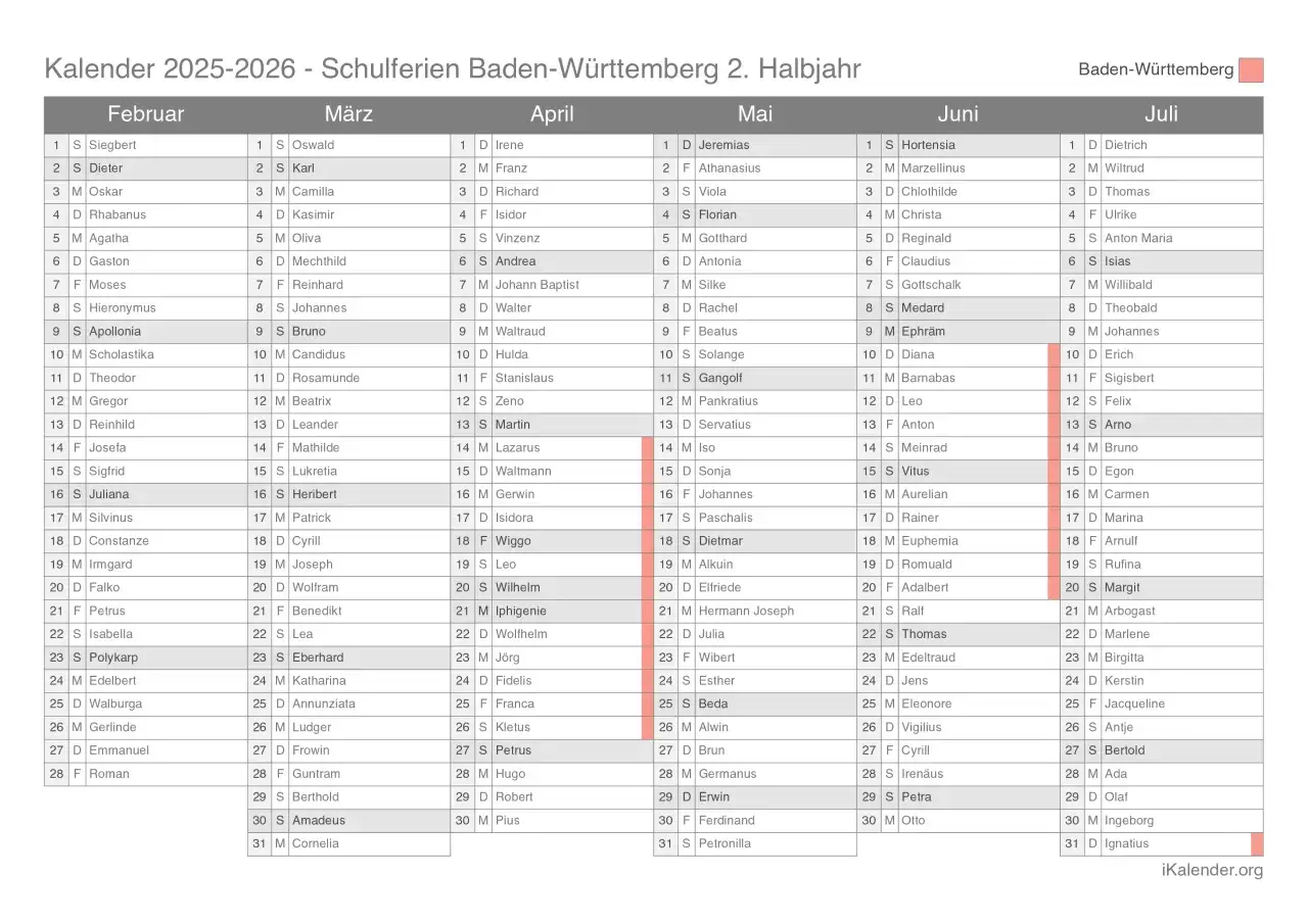 Kalender 2025-2026 für Baden-Württemberg. Hier finden Sie die Schulferien und Namenstage.