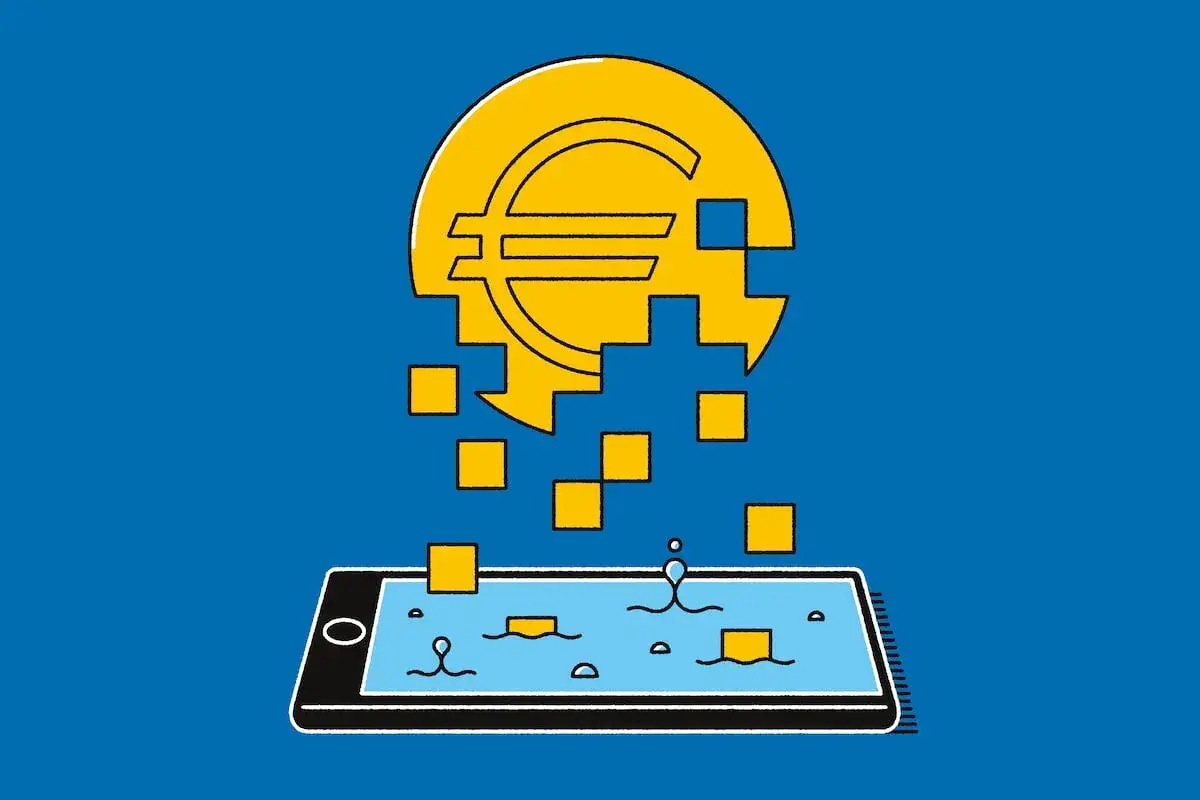 Símbolo del euro se desintegra en píxeles cayendo sobre un smartphone, representando el euro digital.