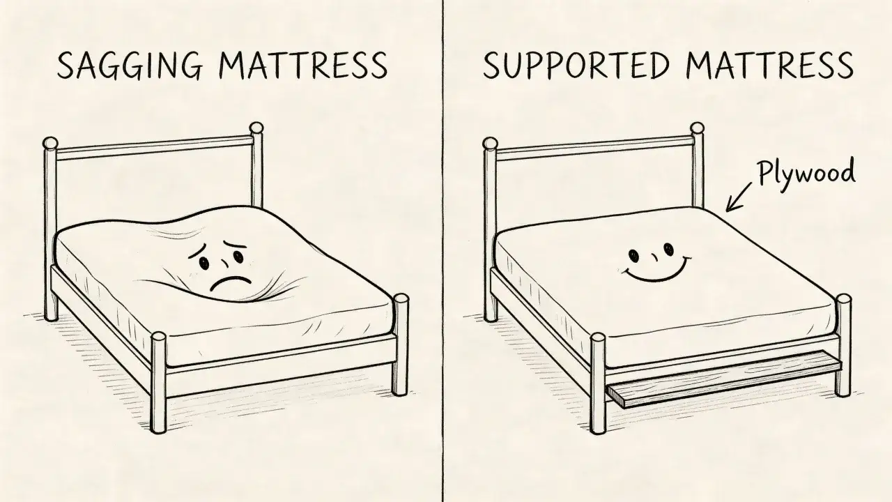 A sad, sagging mattress on the left contrasts with a happy, supported mattress on the right, with plywood added to its sprung divan base for better support.