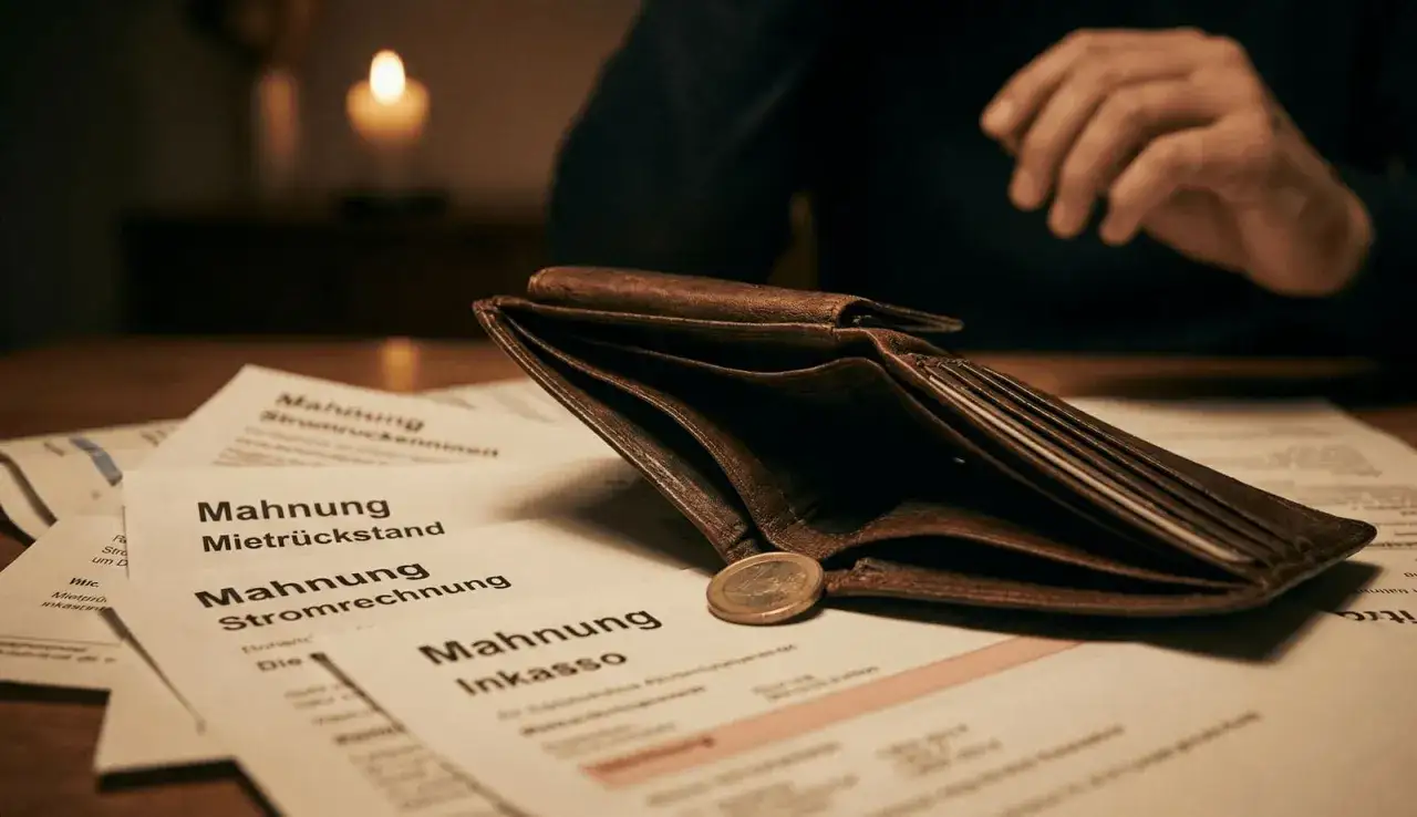Leeres Portemonnaie mit einer Münze auf Mahnungen. Was passiert, wenn ich keinen Unterhalt zahlen kann? Die Sorge um die Finanzen ist groß.