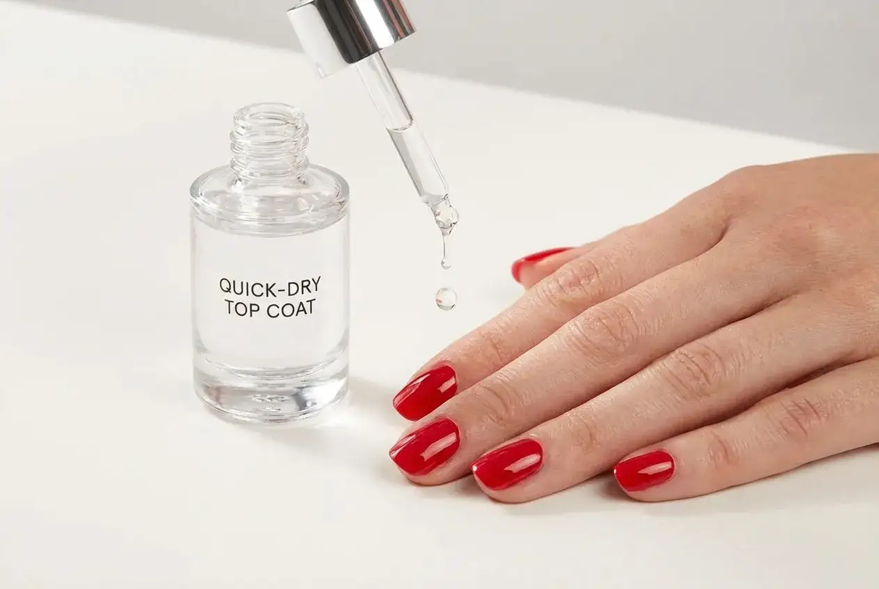 Kropla szybkoschnącego top coat spada na czerwony lakier. Dowiedz się, jak długo schnie lakier do paznokci z tym produktem.