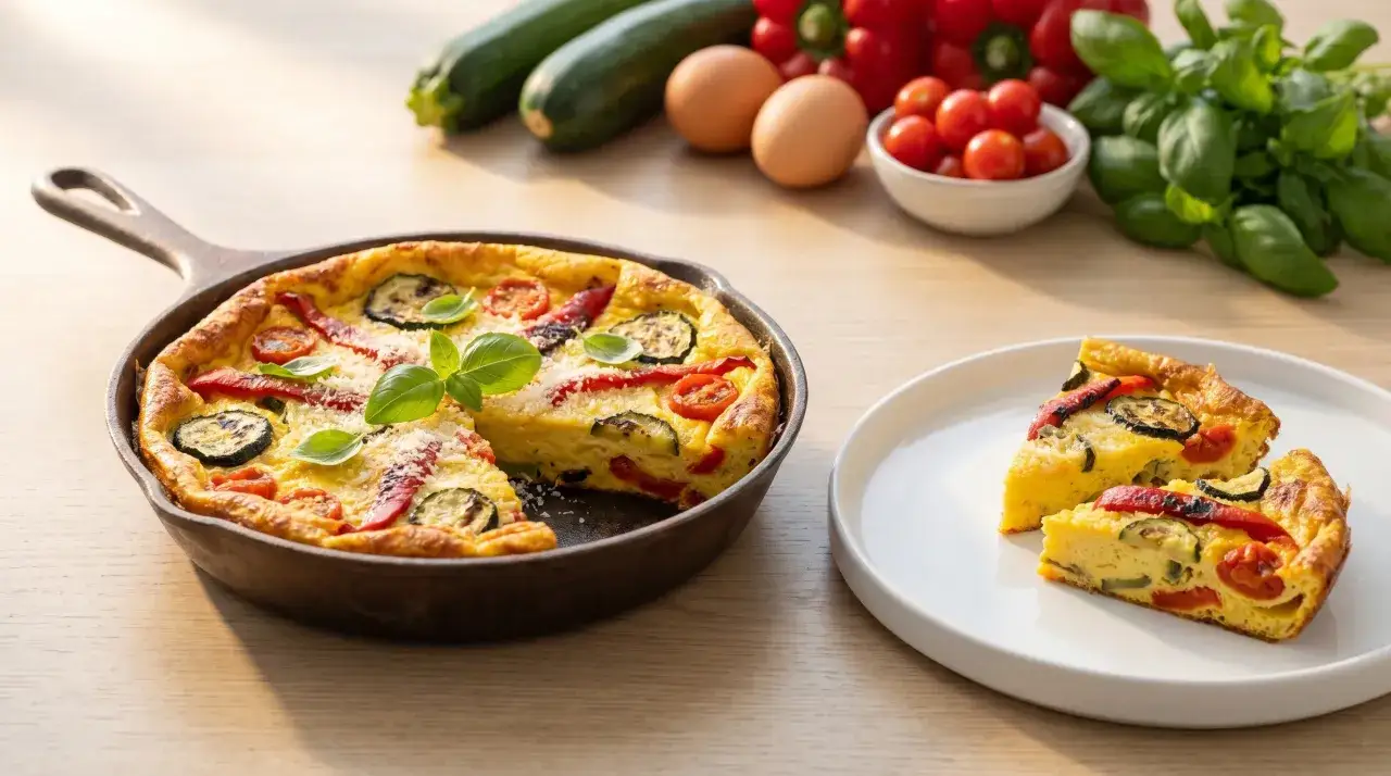 En gyllene frittata i ugn med zucchini, tomater och paprika, toppad med f&auml;rsk basilika och parmesan. Serverad i gjutj&auml;rnspanna och p&aring; en tallrik.