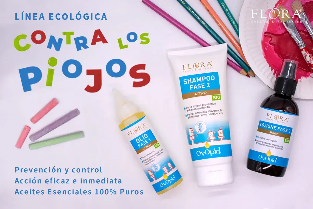 L&iacute;nea ecol&oacute;gica contra los piojos: champ&uacute;, aceite y spray de la marca OvOpid, con aceites esenciales 100% puros.