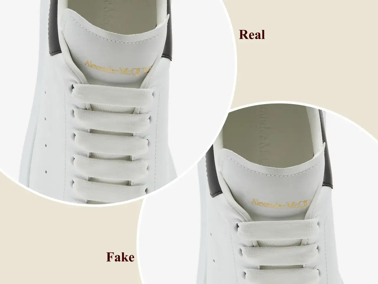 Vergleich von echten und gef&auml;lschten Alexander McQueen Schuhen. Die Schn&uuml;rsenkel und das Logo sind auf dem echten Paar deutlicher.