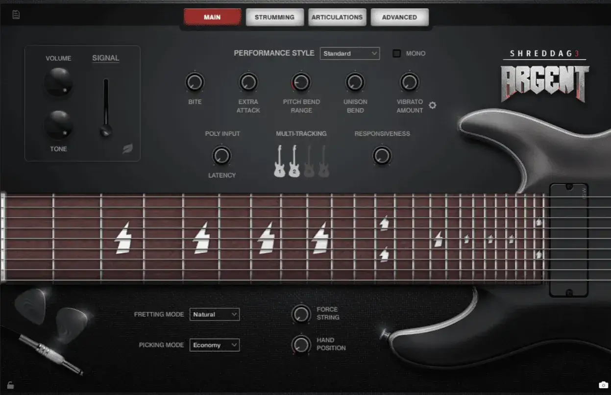 Shreddag 3 Argent, a powerful monster guitar vst, with controls for tone, volume, and performance style.
