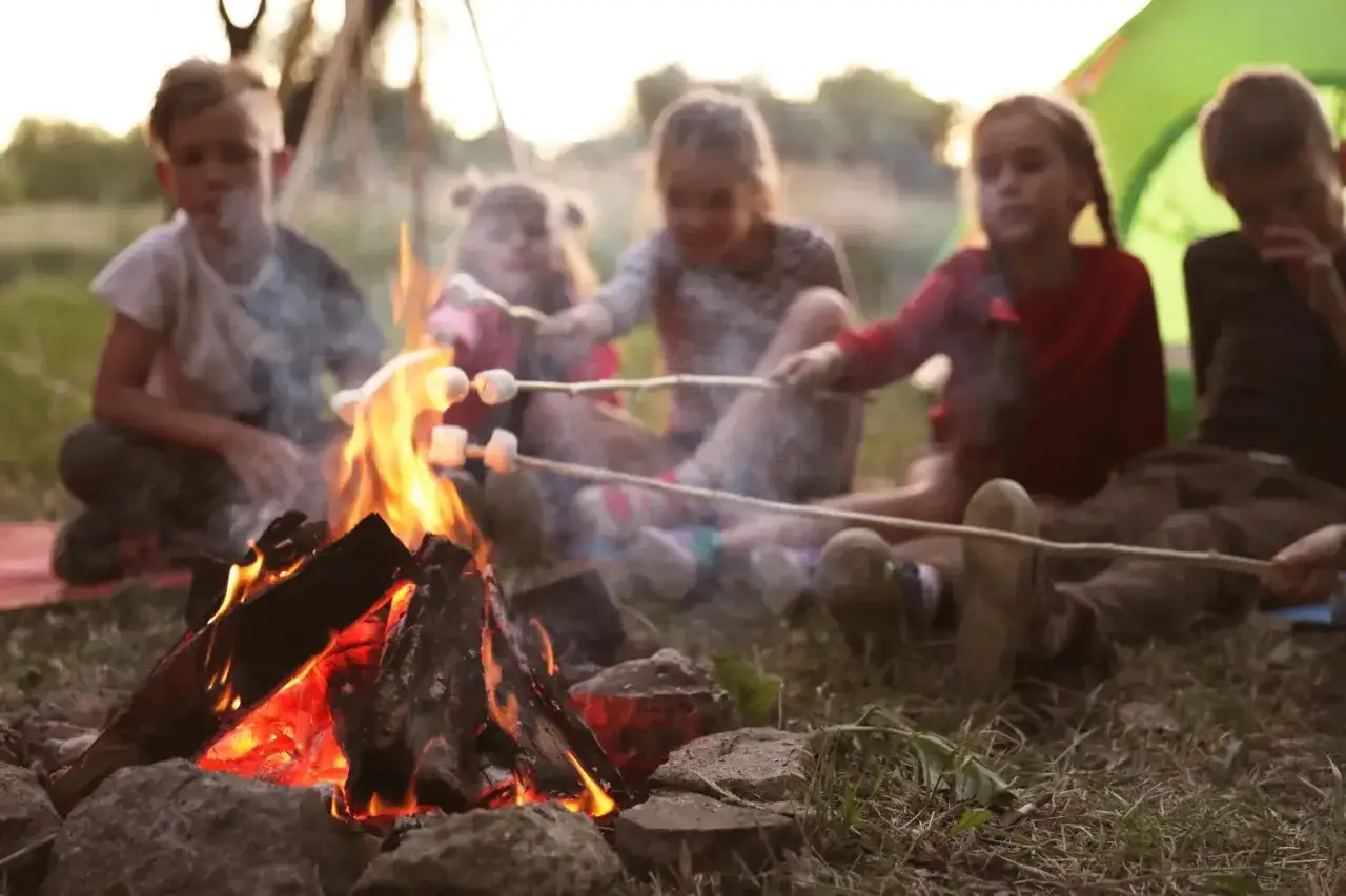 Kinder r&ouml;sten Marshmallows &uuml;ber einem Lagerfeuer.
