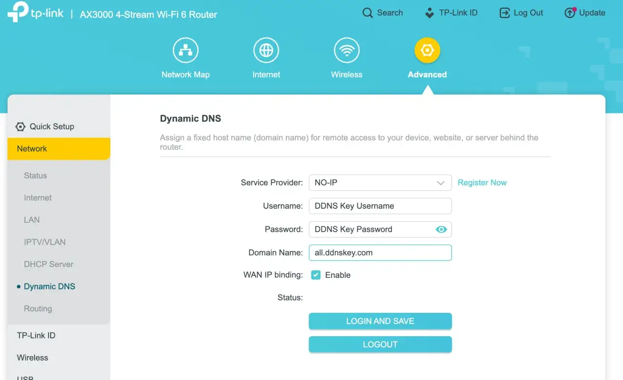 Konfiguracja Dynamic DNS na routerze TP-Link. Ustawienia jak zmienic DNS, wpisując dane dostawcy, nazwę użytkownika, hasło i domenę.