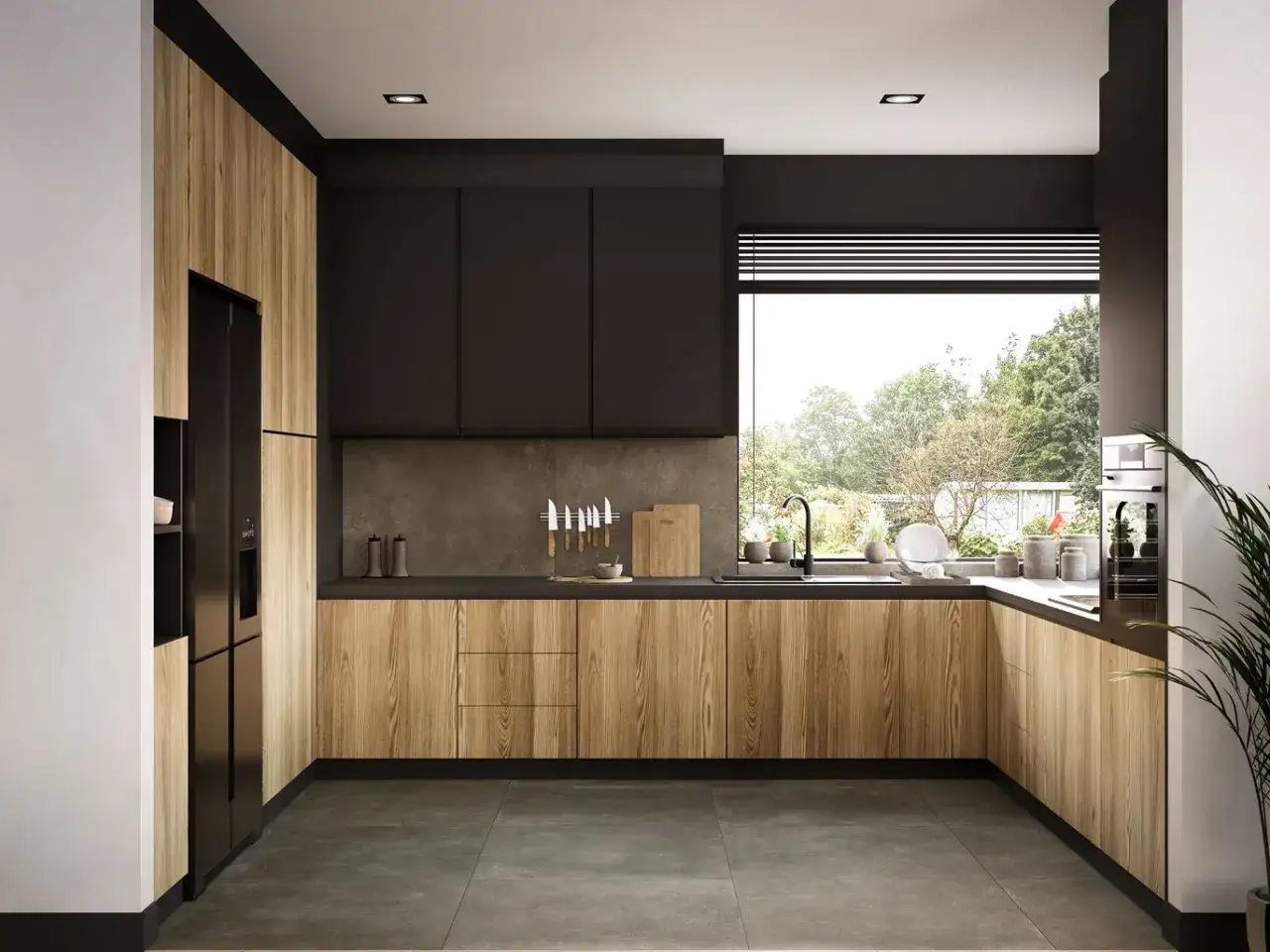 Nowoczesna wizualizacja kuchni z drewnianymi frontami, czarnymi szafkami i dużym oknem z widokiem na ogród.