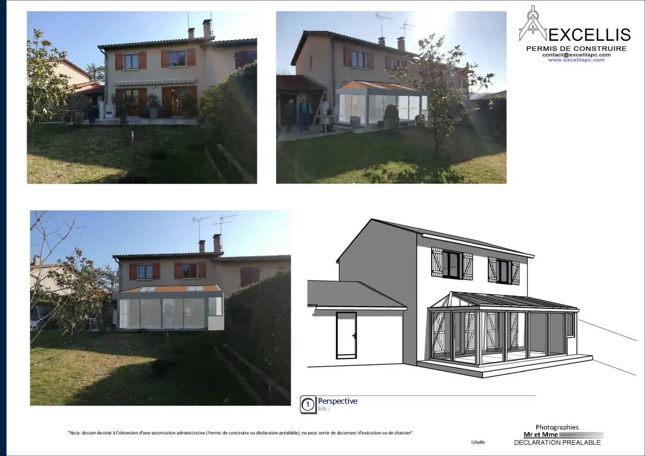 Vue d'une maison avec une v&eacute;randa moderne, moins de 20m2, s'int&eacute;grant harmonieusement au jardin. Le projet est pr&eacute;sent&eacute; avec des photographies et un dessin technique.