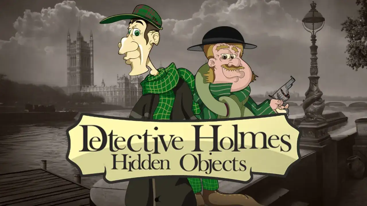 Sherlock Holmes gra: dwaj detektywi w stylu kreskówkowym na tle Londynu, z pistoletem i napisem