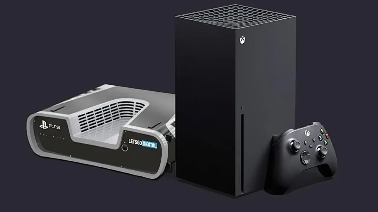 Ein Konzeptbild zeigt eine futuristische Konsole, die an die **Playstation 6** erinnert, neben einer Xbox Series X und einem Controller.