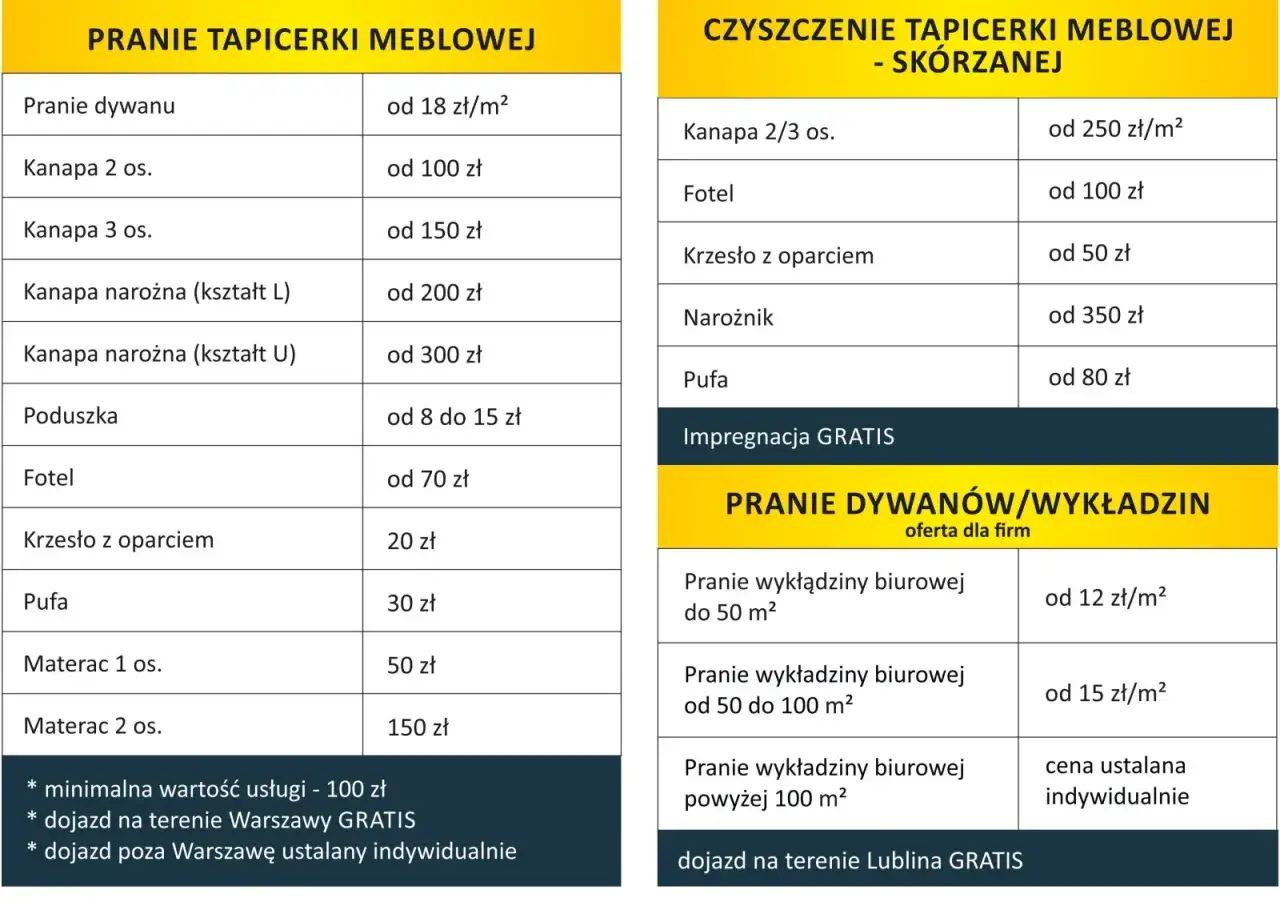 Cennik prania dywanów i mebli. Dowiedz się, ile kosztuje pranie dywanu od 18 zł/m², kanapy, fotela i innych mebli tapicerowanych.