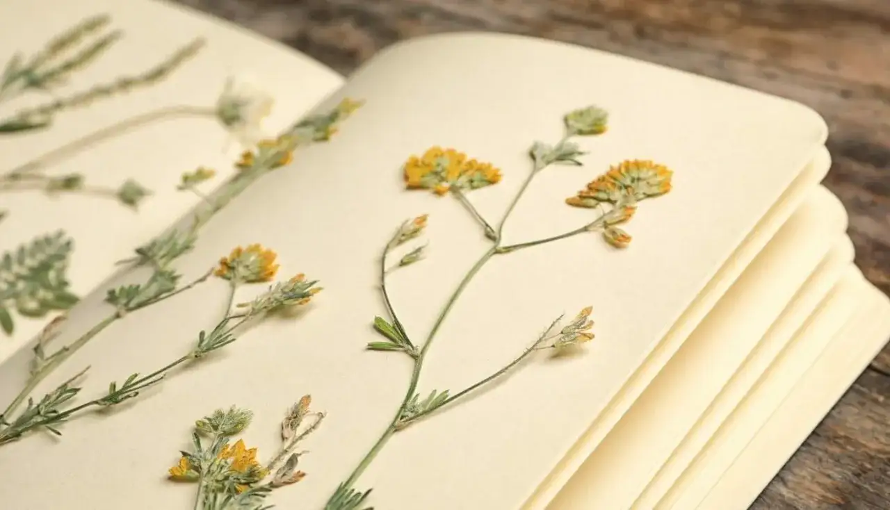 Ein aufgeschlagenes Buch mit einem Herbarium aus getrockneten gelben und grünen Pflanzen auf cremefarbenen Seiten.