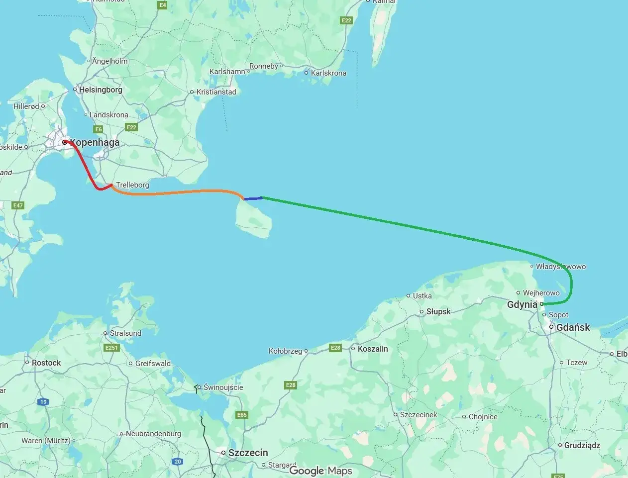 Trasa z Kopenhagi do Gdańska przez Bałtyk. Kolorowe linie pokazują drogę wodną, symbolizującą przepłynięcie Bałtyku.