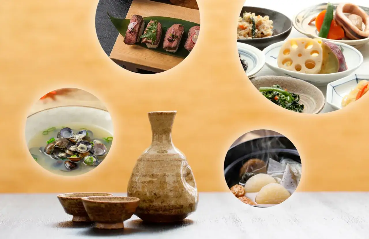Tradycyjne japońskie potrawy: sushi z wołowiną, zupa z małżami, oden i inne przysmaki. Idealne do degustacji, jak smakuje sake.