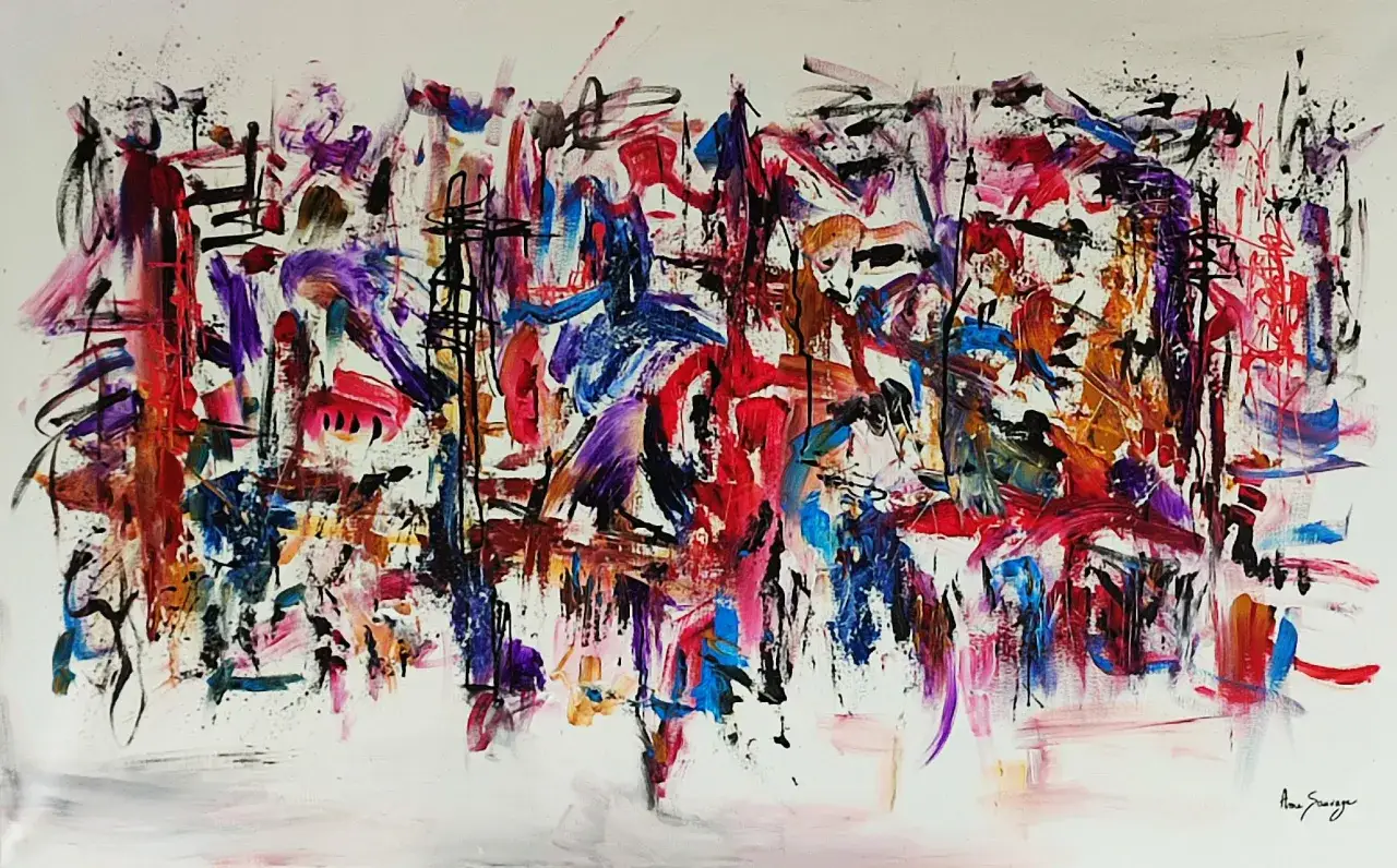 Explosion de couleurs vives et de formes dynamiques dans une &oelig;uvre d'abstraction lyrique. Des touches de rouge, bleu, violet et noir cr&eacute;ent une sc&egrave;ne vibrante et pleine d'&eacute;nergie.