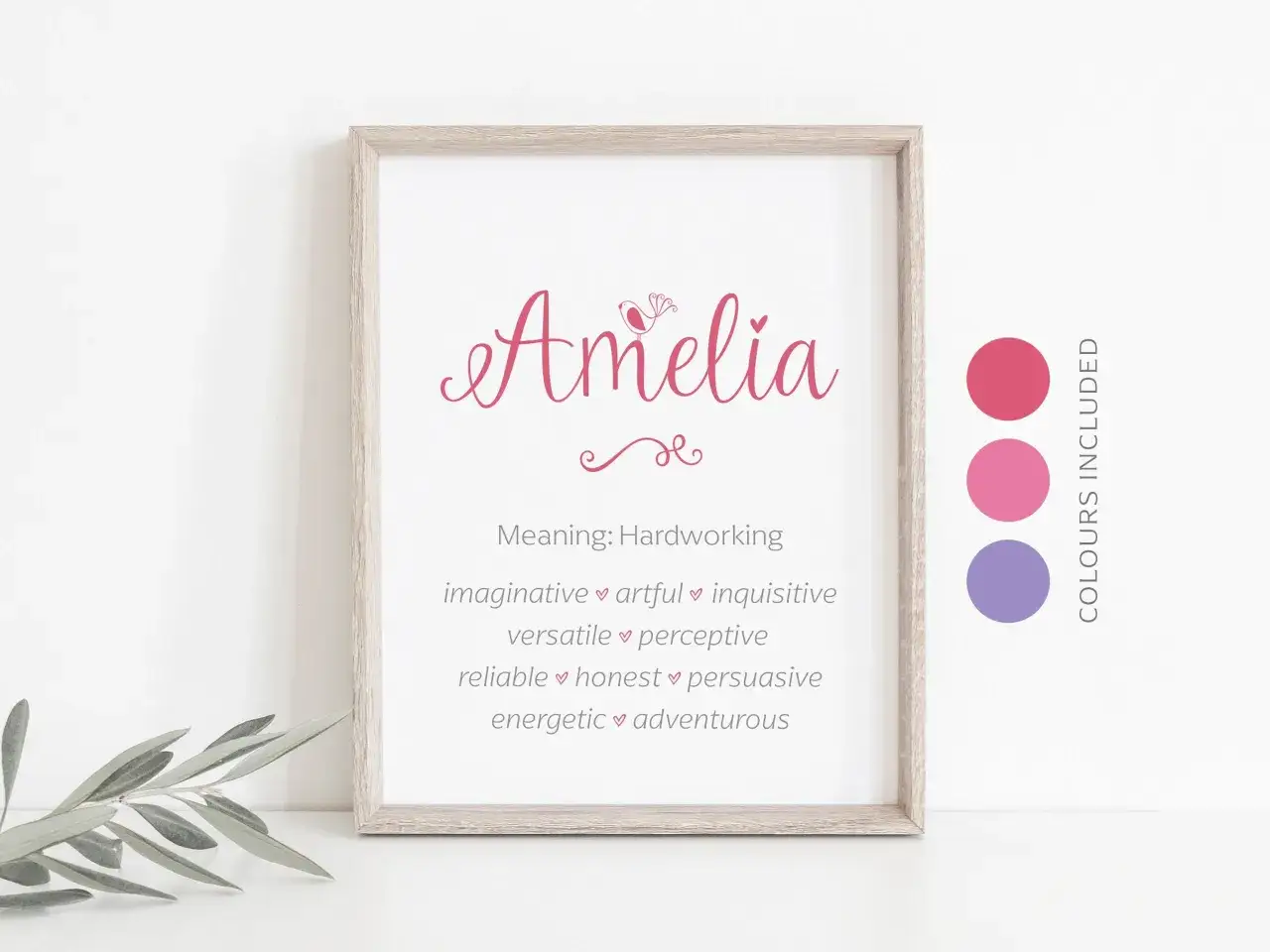 Un póster con el nombre Amelia en letras rosas, junto a sus significados: trabajadora, imaginativa, versátil, fiable, enérgica, artística, inquisitiva, perceptiva, honesta y aventurera.