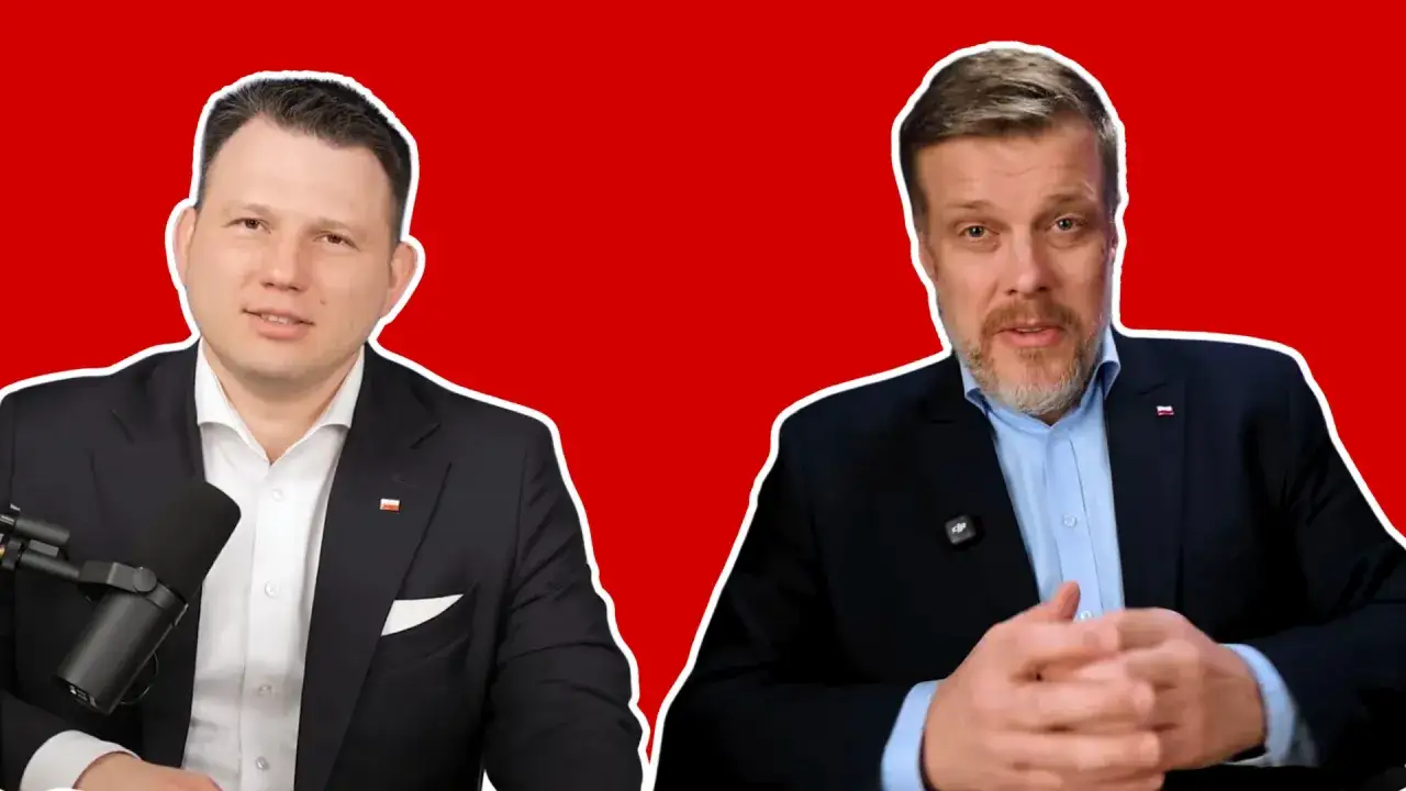 Dwóch mężczyzn w garniturach, dyskutujących o tym, dlaczego w sondażach Konfederacja notuje dwucyfrowy wynik wśród najmłodszych wyborców.
