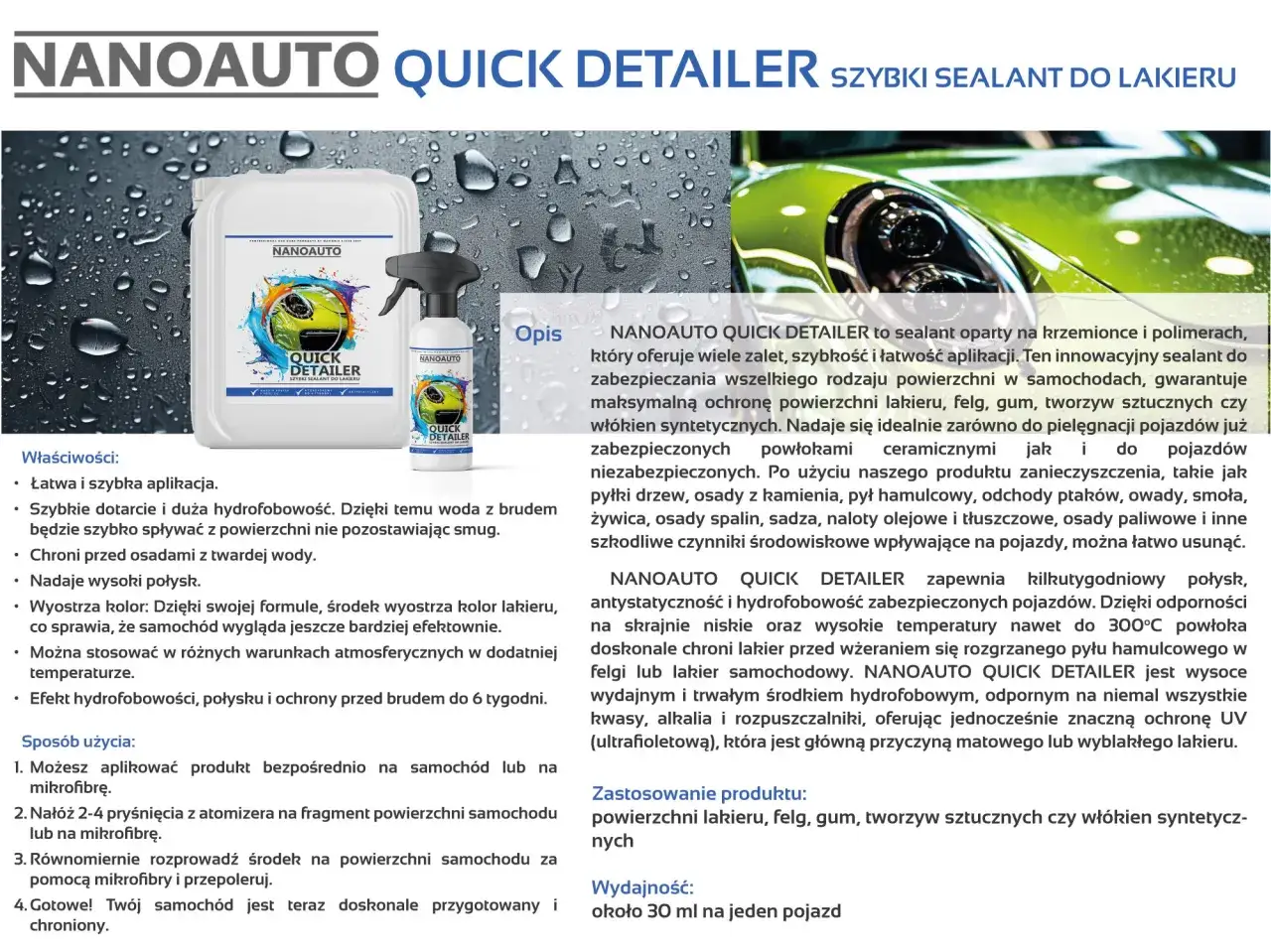NANOAUTO QUICK DETAILER to szybki sealant do lakieru, kt&oacute;ry nadaje połysk i chroni auto.