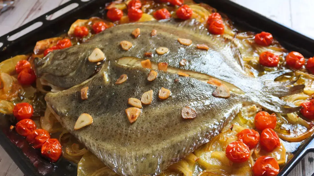 Rodaballo al horno con tomates cherry y l&aacute;minas de ajo, listo para servir.