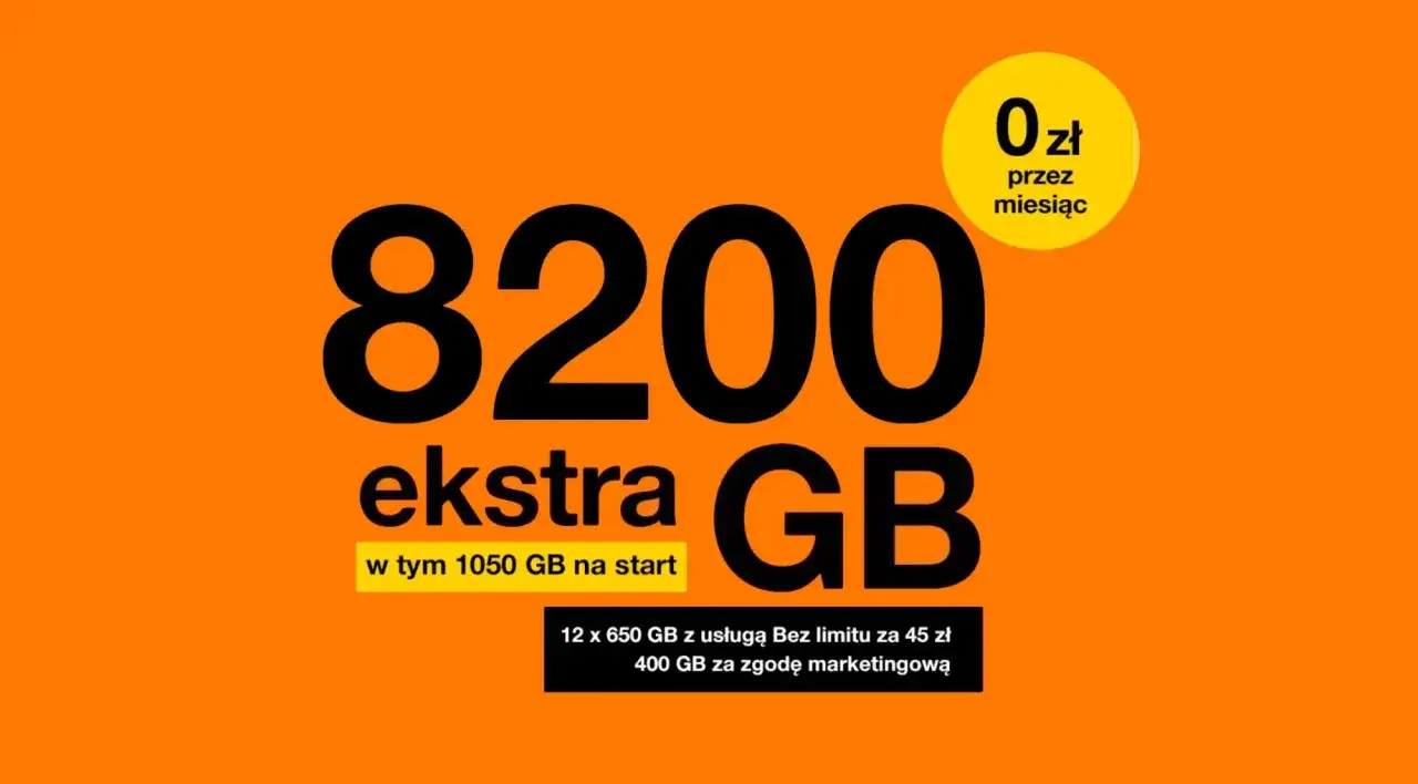 Darmowy internet Orange: 8200 GB ekstra, 1050 GB na start. 0 zł przez miesiąc.