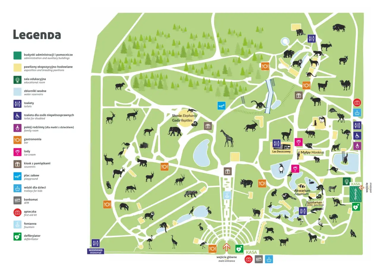 Mapa ZOO w Chorzowie z zaznaczonymi atrakcjami, zwierzętami i punktami usługowymi. Sprawdź cennik i zaplanuj wizytę!