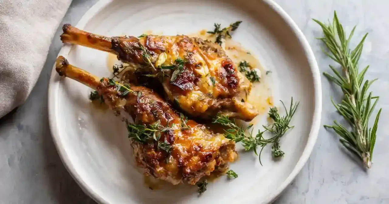 Deux cuisses de lapin au four, dorées et savoureuses, garnies d'herbes fraîches. Un délice à partager.