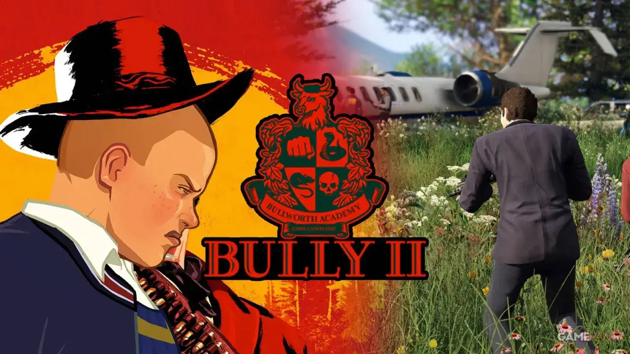 Jimmy Hopkins, el protagonista de Bully 2, se enfrenta a un nuevo desafío. Un avión privado yace abandonado en un campo, mientras un estudiante con traje apunta con un arma.