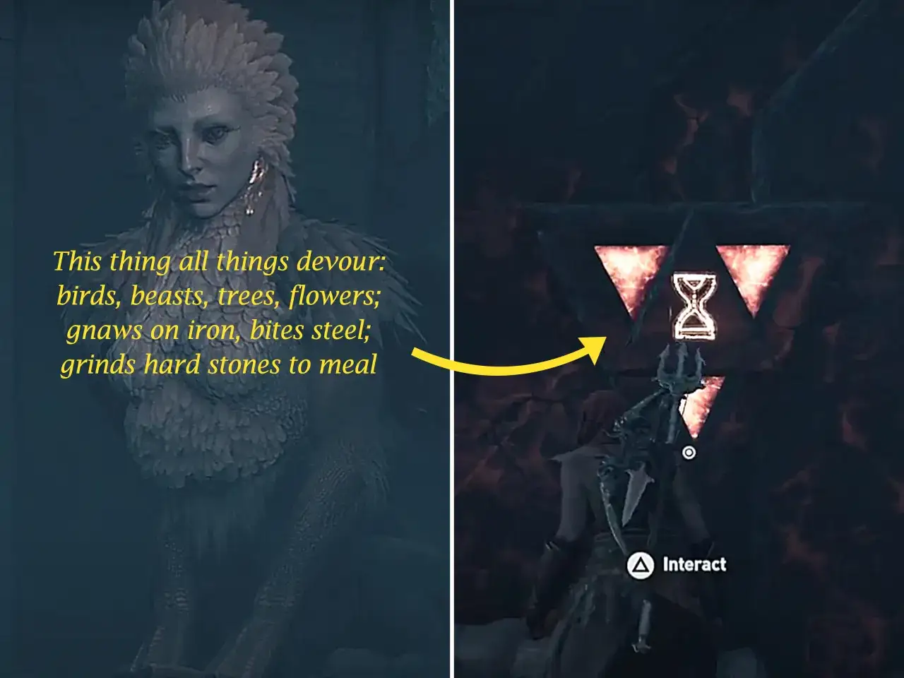 La esfinge de Assassin's Creed Odyssey, con su acertijo sobre el tiempo, y un símbolo de reloj de arena.