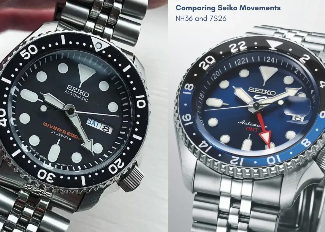 Dwa zegarki Seiko z mechanizmem automatycznym. Jeden czarny, drugi niebieski z funkcją GMT.