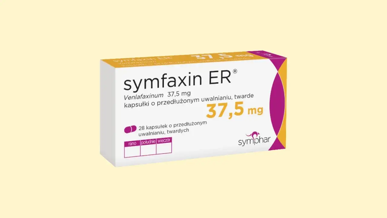 Opakowanie leku Symfaxin ER 37,5 mg, zawierające 28 kapsułek o przedłużonym uwalnianiu.