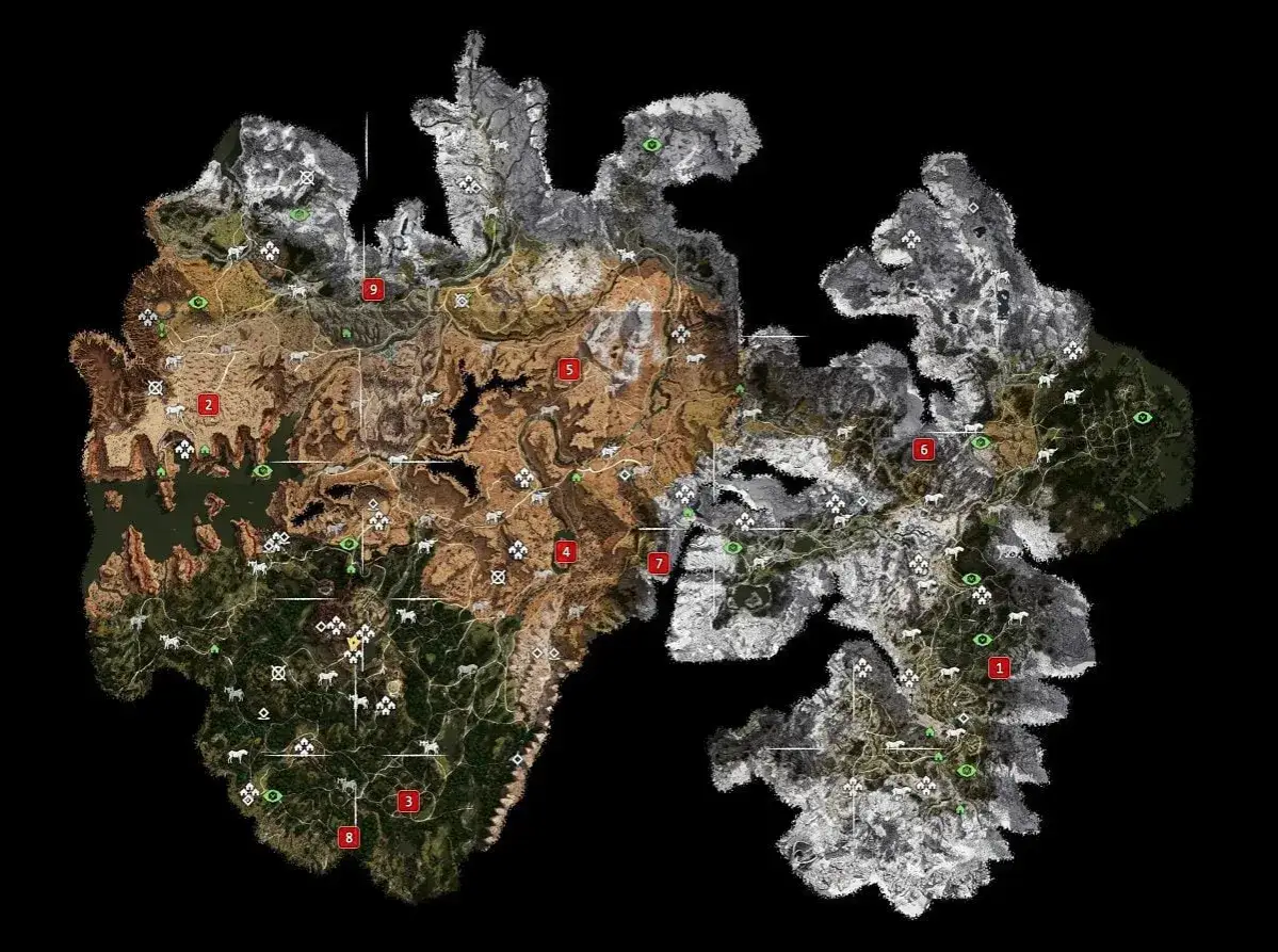 Mapa świata Horizon Zero Dawn z zaznaczonymi lokacjami, gdzie można zdobyć trofea.