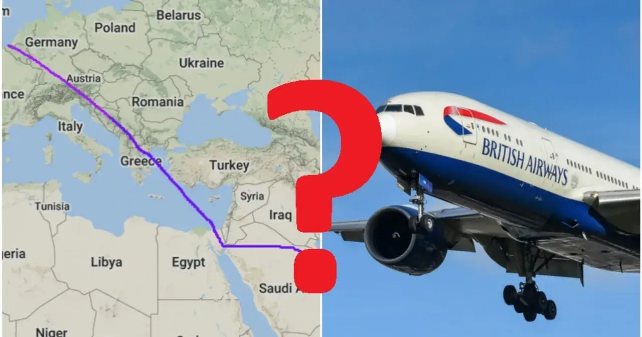 Mapa Europy z trasą lotu i samolotem British Airways. Czy to Twoje wymarzone loty do Anglii?