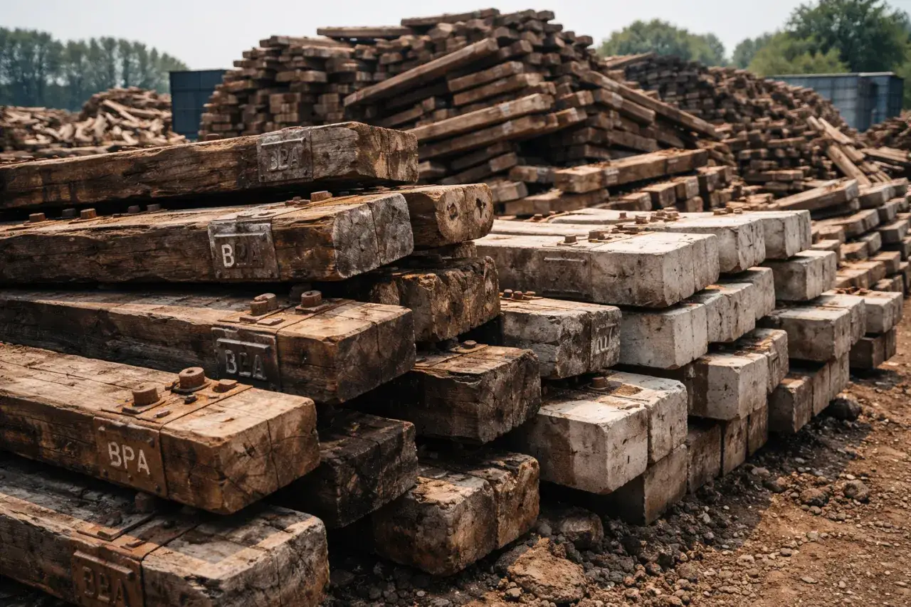 Stosy drewnianych podkładów kolejowych czekają na utylizację. Widać metalowe okucia i śruby.